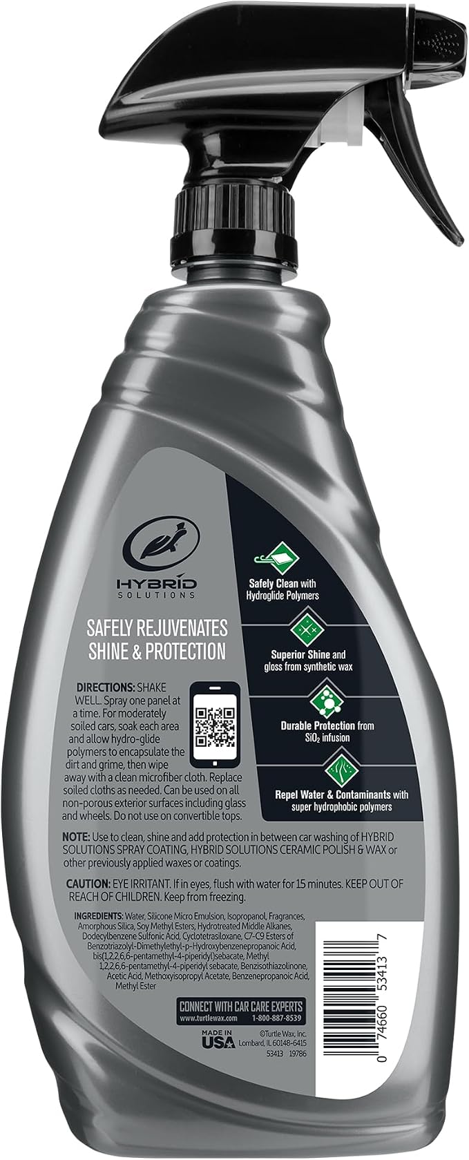 Turtle Wax Hybrid Solutions Ceramic 3-in-1 Car Detailer, Waterless Car Wash, Long-lasting HydrophobicWax Protection and High Gloss Shine, Safe For All Exterior Surfaces, 32 oz (Pack of 1)