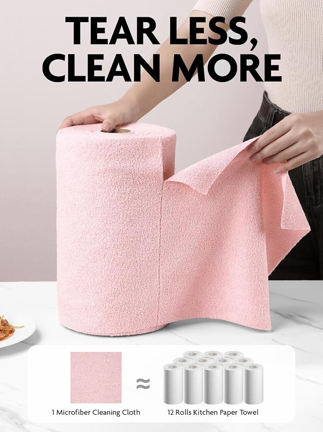 Fantasticlean Microfiber Cleaning Cloth Rolls- 150 Sheets (2 Rolls of Pink) | 12'' by 12'', Super Absorbent, Lint-free, Tear-away Microfiber Towel Roll, for All-Purpose Cleaning