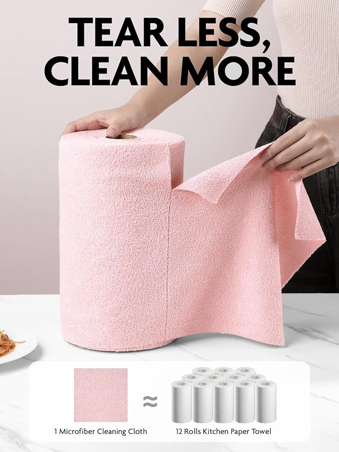 Fantasticlean Microfiber Cleaning Cloth Rolls-150 Sheets,12"x12"(Pink,Grey) | Super Absorbent, Lint-free, Tear-away Microfiber Towel Roll, for All-Purpose Cleaning