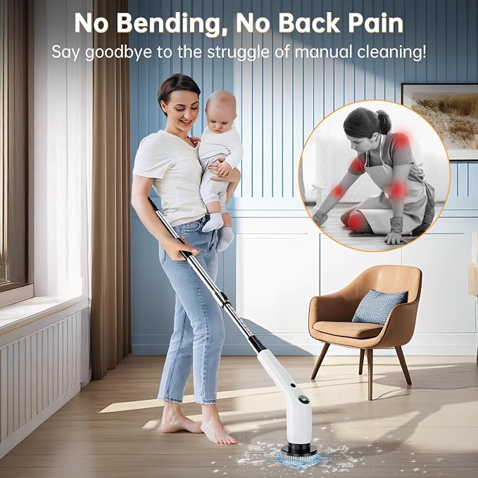 PUFTEM Electric Spin Scrubber, Cordless Shower Scrubber with 8 Scrub Brush, 2 Speed with Adjustable Extension Handle, Battery Level Display, Power Scrubber for Bathroom Bathtub Tile Floor (Black)