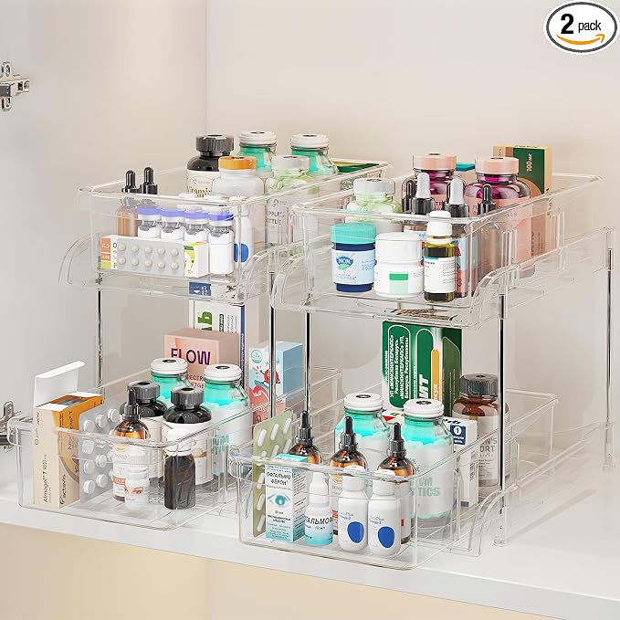 Sevenblue 2 Pack Under Sink Organizer with Sliding Drawers, Under Bathroom Cabinet Organizer with Hooks Hanging Cup, Multi-Purpose Storage Shelf for Kitchen Bathroom (Clear, 10.6 Inch)