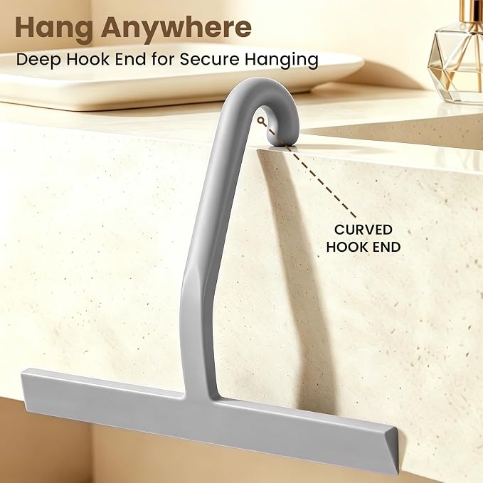 10 Inch Silicone Shower Squeegee for Glass Doors, Streak-Free, Grey | No-Squeak Silicone Blade, Ergonomic Round Grip and Built-In Hook for Quick Daily Cleaning of Shower Glass, Tile and Windows