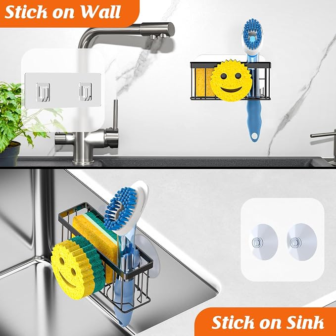 MURLONG Sponge Holder Smiley Face, Sink Organizer with 2 Suction Cups/1 Adhesive Strips, Designed for Sponge, Soap, Dish Brush, Scrubber - Black