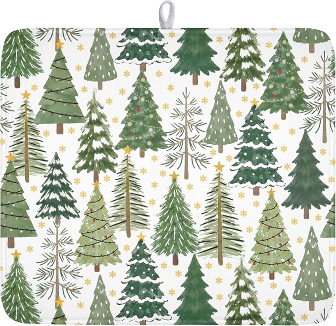 Christmas Dish Drying Mat 16x18 Inch Green Xmas Tree Winter Snowflake | Polyester，Absorbent Microfiber，for Kitchen Coffee Dining Bar Decor