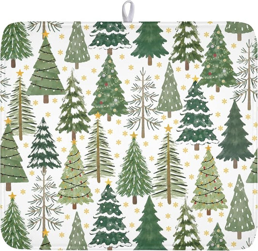 Christmas Dish Drying Mat 16x18 Inch Green Xmas Tree Winter Snowflake | Polyester，Absorbent Microfiber，for Kitchen Coffee Dining Bar Decor