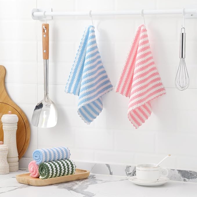 Homaxy 18 Pack Kitchen Dish Cloths, Ultra Soft and Absorbent Dish Towels, Reusable Fast Drying Microfiber Cleaning Cloth, Coral Velvet Wave Design No-lint, 10 x 10 inches, Blue/Pink/Grass Green