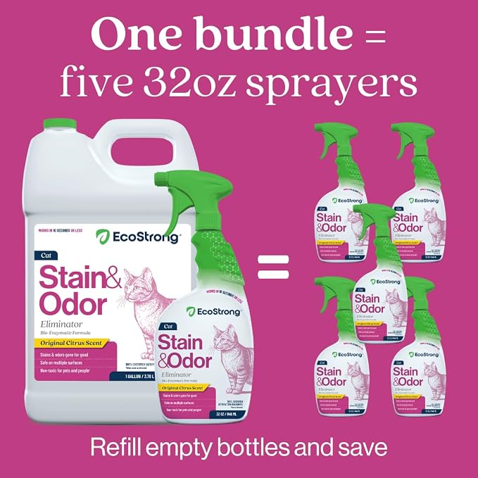 Eco Strong Cat Stain and Odor Remover| Enzyme Urine Odor Neutralizer - Stain Remover for Carpet, Litter Boxes, Bedding, and Laundry [160 Fl Oz Bundle]