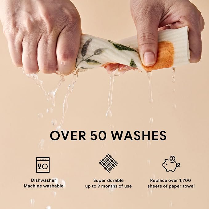 RECYCO Swedish Dishcloths for Kitchen | 5 Pack Washable Dish Rags | Cellulose Reusable Cleaning Paper Towels | Absorbent Counter Dish Cloth Sponge Kitchen Wipes, 8" L x 7" W