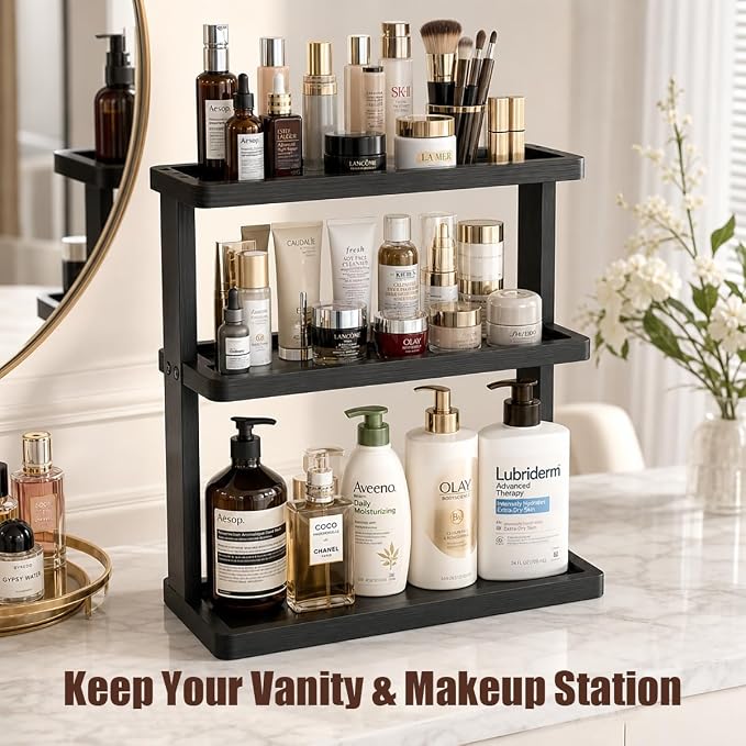 PEKER Bamboo Bathroom Organizer Countertop – Vanity Storage Shelf for Makeup, Perfume, Skincare – Natural Cosmetics Display Rack for Dresser, Sink, Kitchen – Black