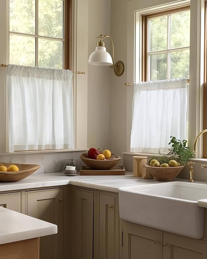 jinchan Linen Tier Curtains with Lined, 26x24, 2 Panels, Beige White | Light filtering, rod pocket, cafe curtains, machine washable, small window treatment, cottage style, kitchen, laundry room