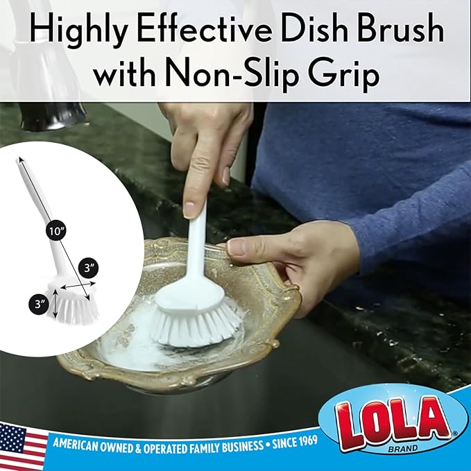 LOLA Dish Brush w/Scraper, 4 Pack, Durable Fiber Non-Scratch Bristles, Ergonomic Non-Slip Grip Handle, for Baked-on & Caked-on Messes