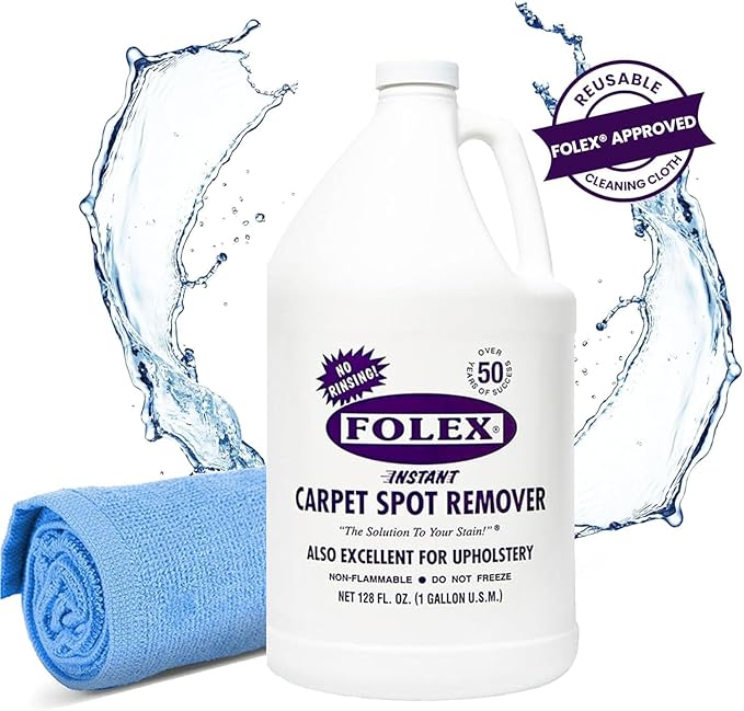 FOLEX Instant Carpet Spot Remover 128 oz - Powerful Stain Remover for Carpets, Upholstery & Rugs - Eliminates Pet Stains, Grease, Red Wine, Food, Makeup & More - With Reusable Cleaning Cloth - 1 Pack