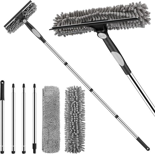 SetSail Window Squeegee with 66in Extension Pole 2-in-1 Window Cleaning Kit | Professional Window Cleaner Tool for Outdoor Indoor Car Windows Glass, Rotatable Head and 2 Scrubbers, Black Grey