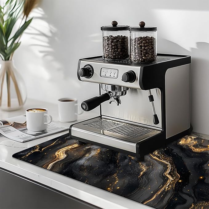 Dish Drying Mat Large Coffee Mat Absorbent Drying Mat for Kitchen Counter Coffee Bar Accessories 32"x 17", Black Gold Marble