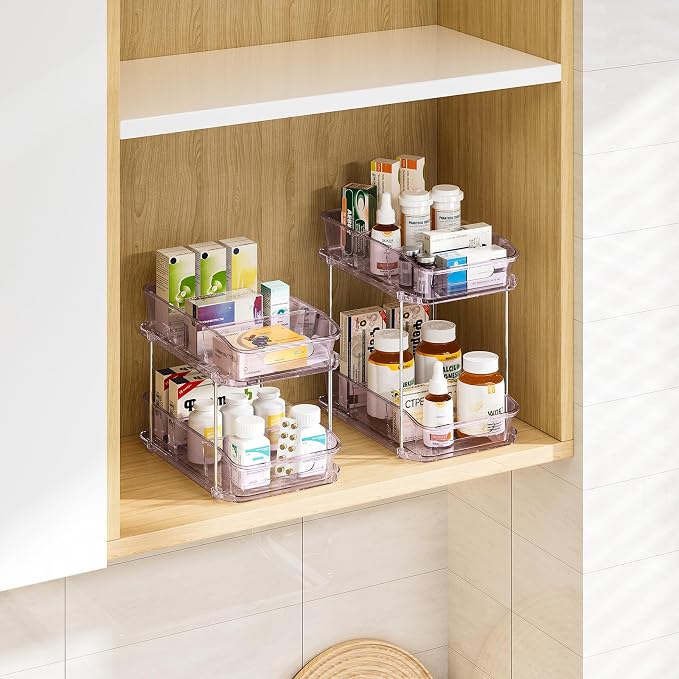 Delamu 2-Tier Under Sink Organizers and Storage, Multi-Purpose Stackable Bathroom Cabinet organizers, Pull Out Kitchen Pantry Organization and Storage with Dividers(2 Pack, Purple)