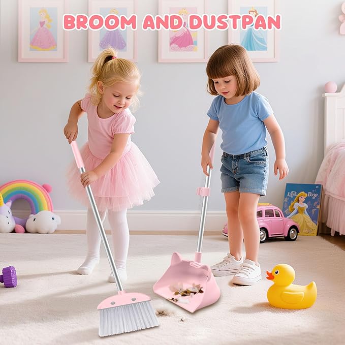 Mini Broom with Dustpan for Kids, 28-in Handle Kids Broom and Dustpan Set for Toddlers Cat-Shaped Children Cleaning Set Boys Girls Small Housekeeping Helper Set, Pink