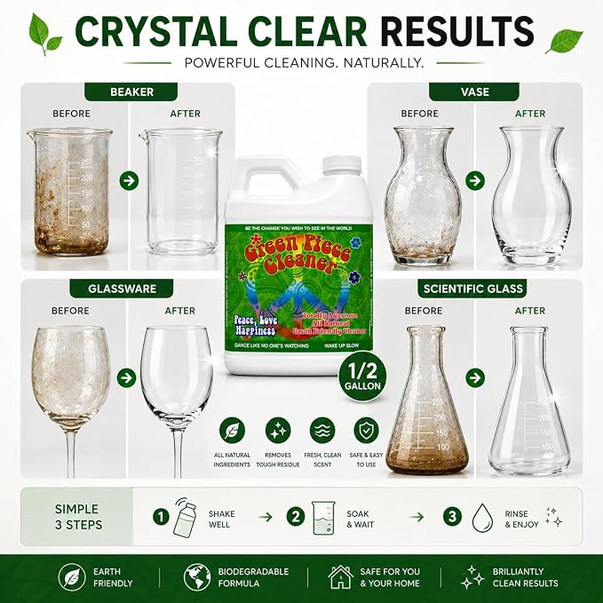 Green Piece® Cleaner – Made in USA - Great on Glass - Cleans tar and resin – 64 Oz (Half Gallon)