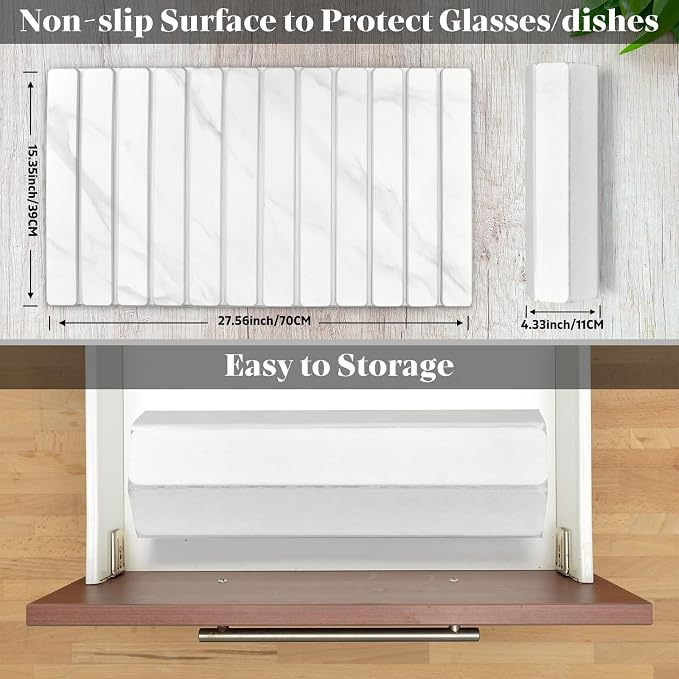 Extra Large Stone Dish Drying Mat for Kitchen Counter, 28"×16" Marble-Pattern Mat with 8"x 4" Coasters, Non - Slip Collapsible Absorbent Mat for Multi - Purpose, Match Any Countertop【White】