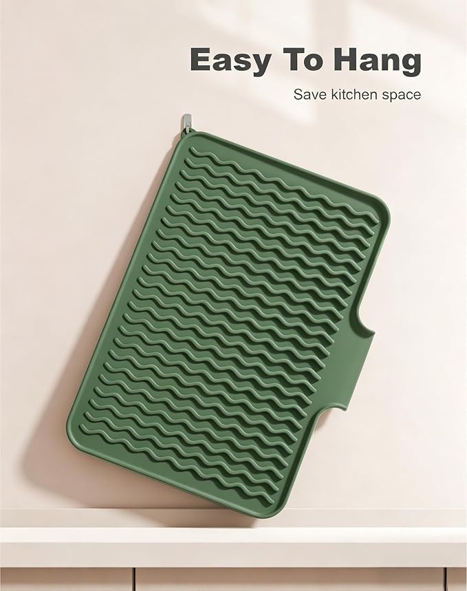 Rnivvi Silicone Dish Drying Mat for Kitchen Counter, 16 x 12" Dish Rack Mat with Drainage Spout, Non-Slip Countertop Protector Heat Resistant Trivet, Drainer Organizer for Home Kitchen Sink , Green