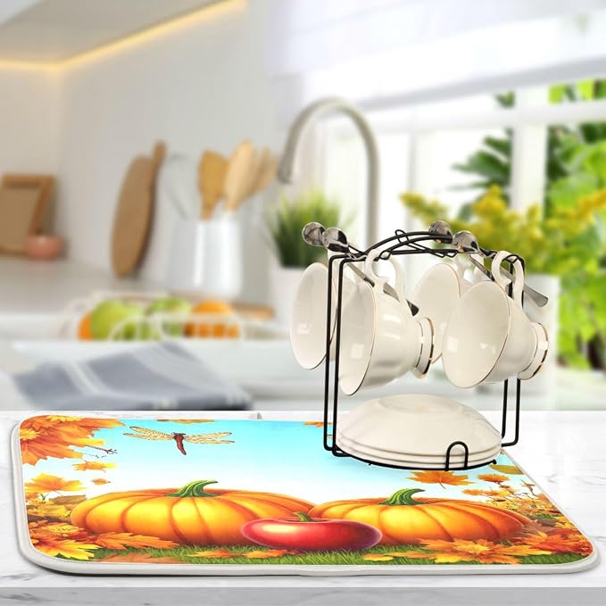 Autumn Thanksgiving Day Pumpkins Maple Dish Drying Mat for Kitchen Counter 16 x 18 Inch Flowers Dragonfly Leaves Dry Dishes Pads Mats Absorbent Countertops Counter Tableware Mat Protector Home Decor