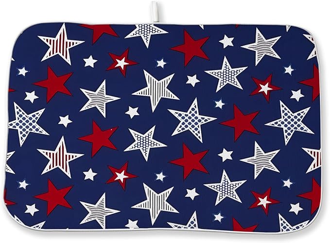 4th of July Dish Drying Mat 18x24 Inch Navy Blue Red Stars Patriotic Decor Drying Mat Independence Day Memorial Day Absorbent Dish Drying Pad Dish Rack Drainer Mats for Kitchen Dining Counter