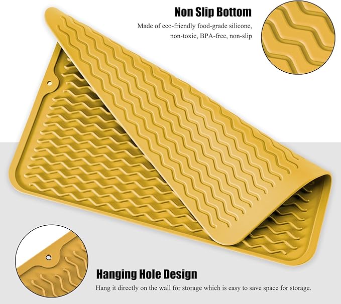 Silicone Dish Drying Mat for Multiple Usage, Easy clean, Eco-friendly, Heat-resistant Dish Drainer Mat for Kitchen Counter,Sink,Refrigerator or Drawer liner (18" x 16", Yellow)