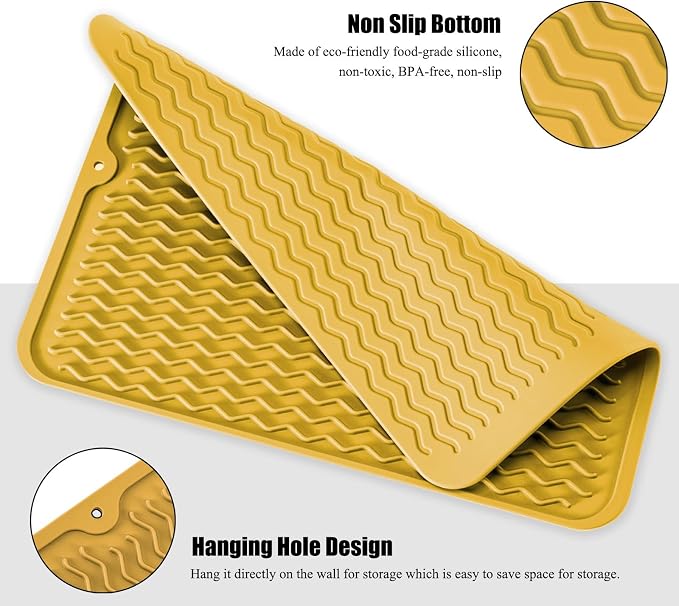 Large 14" x 11" Silicone Dish Drying Mat for Kitchen Counter, Easy clean, Quick Dry, Heat-resistant Dish Drainer Mat for Sink,Refrigerator or Drawer liner (Food Grade Silicone-Yellow)