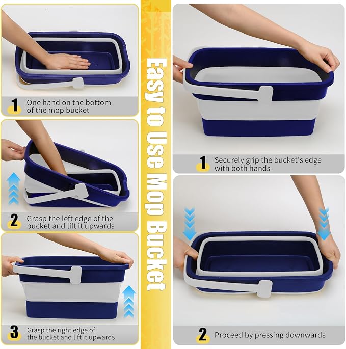 Collapsible Mop Bucket for Cleaning with Handle, 3 Gallon | Silicone Square Wash Bucket for Windows Cleaning Car Washing|Cleaning Supplies Organizer Plastic Water Bucket for Storage