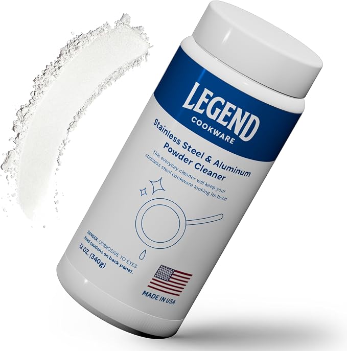 LEGEND COOKWARE Stainless Steel Powder Cleaner, 12oz - Removes Tough Stains, Burnt-On Food - No Harsh Chemicals - Works on Stainless Steel & Aluminum Cookware - Made in USA - Restores Shine