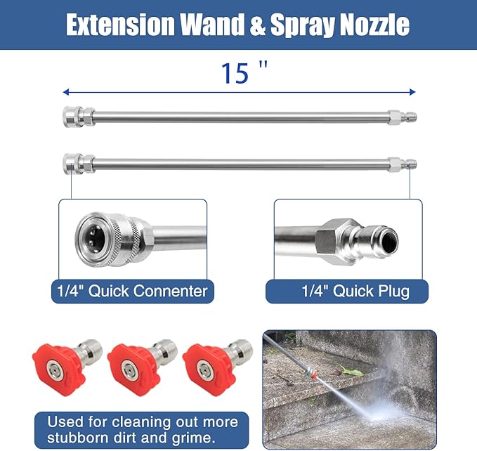 JANZ 14'' Pressure Washer Surface Cleaner | 4 Wheels, Stainless Steel Housing, 1/4'' Quick Plug, 2 Extension Wands, 2 Replacement Nozzles and 3 Spray Nozzles,4000 PSI