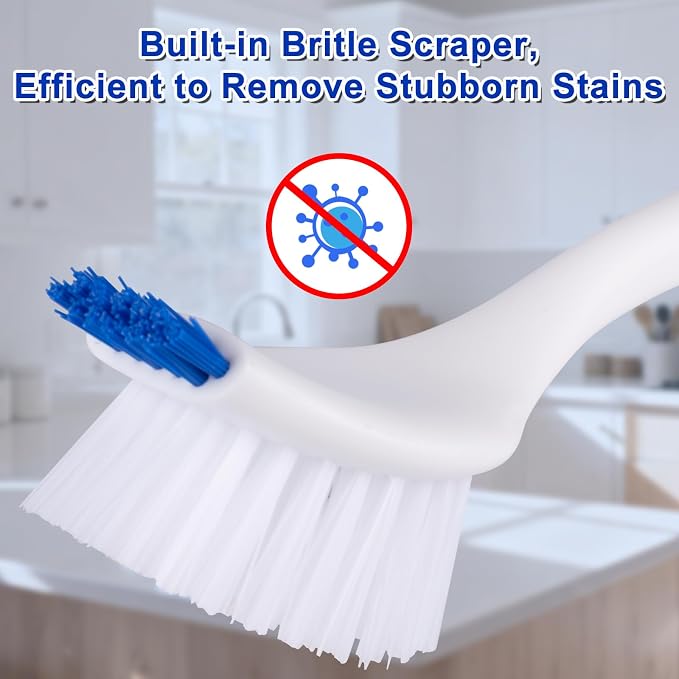 ITTAR Kitchen Dish Brush with Long Non-Slip Handle, 2-in-1 Kitchen Scraper & Brush, Heavy-Duty Non-Scratch Scrub Brush for Sink, Pots, Pans, Burnt Food Grease Stove Sink Cleaning-White & Blue