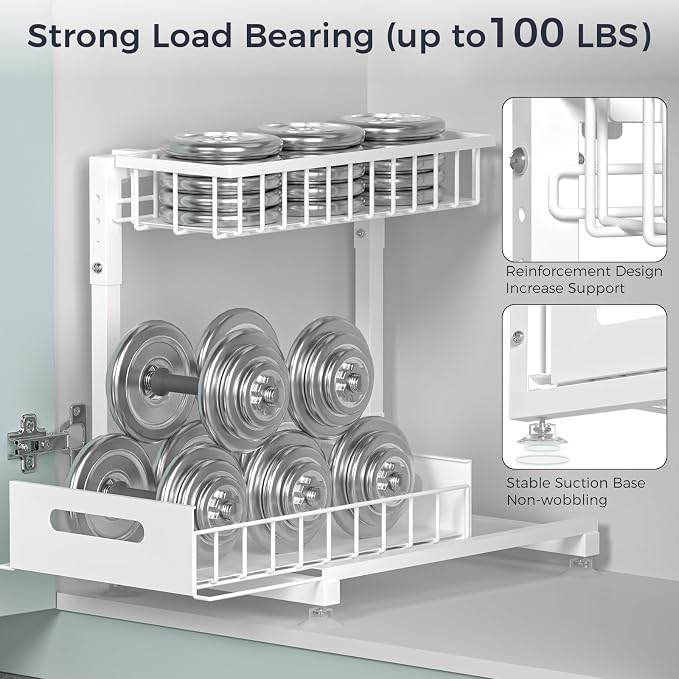 Saydear 2-Pack L-Shaped Under Sink Organizer, 2-Tier Pull-out Cabinet Rack | White Height-Adjustable Steel Rack, Sliding Grid Drawers with PP Liners, Holds 100 Lbs, Suction Base, Ideal Kitchen Storage