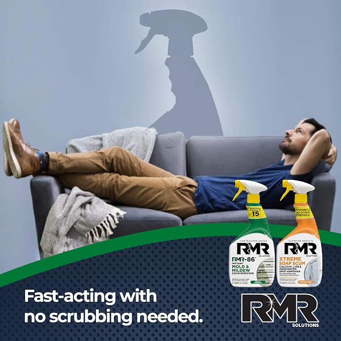 RMR Instant Mold & Mildew Stain Remover Spray + Xtreme Soap Scum Remover, No-Scrub Indoor/Outdoor Cleaning System for Bathroom, Shower, Siding, & Deck, 2–32 Oz Bottles