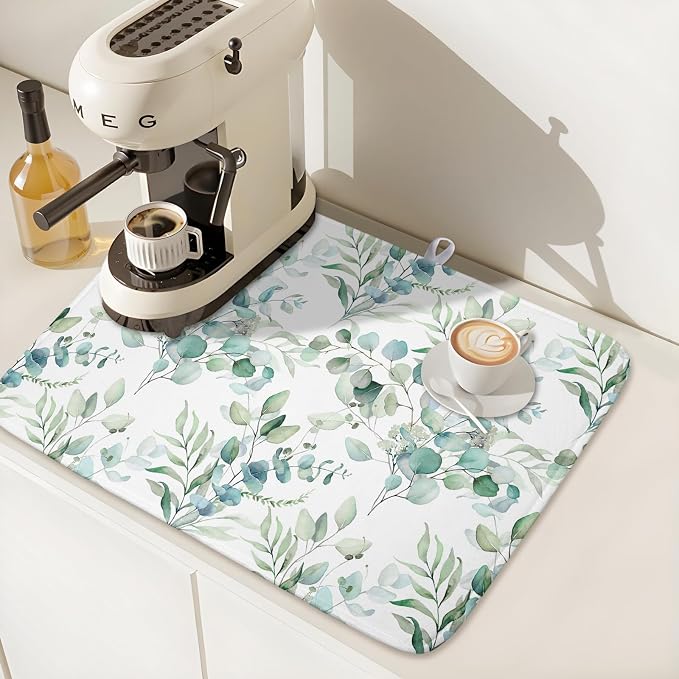 Sage Green Leaves Dish Drying Mats for Kitchen Counter 18x24 Inch, Leaves Kitchen Drying Mat,Watercolor Herbs Dishes Pad Dish Drainer Rack Mats Absorbent Fast Dry Kitchen Accessories