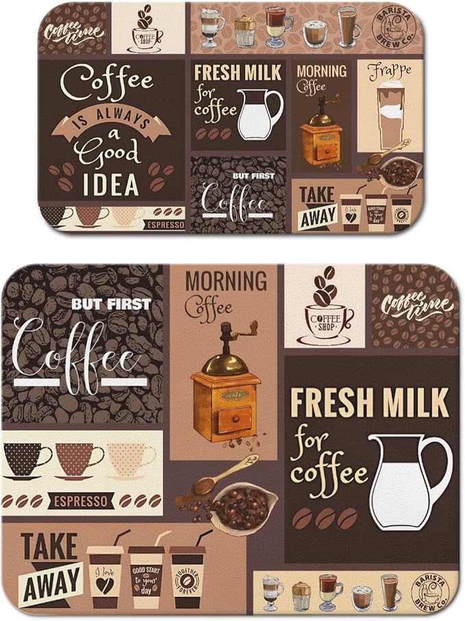 Dish Drying Mat 2-Pack in Coffee Bar for Kitchen Counter Dishes Mat | Diatom Mud Mats (18x24, 19.5x12"). Non-slip rubber back for kitchen counter, coffee bar & sink scenes