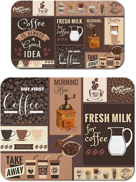 Dish Drying Mat 2-Pack in Coffee Bar for Kitchen Counter Dishes Mat | Diatom Mud Mats (18x24, 19.5x12"). Non-slip rubber back for kitchen counter, coffee bar & sink scenes