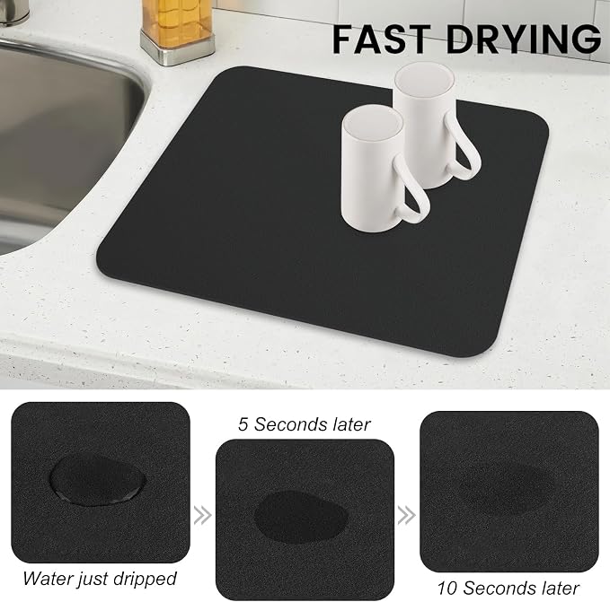 WISELIFE Dish Drying Mat Super Absorbent Drying Mat Large Dish Drying Mats for Kitchen Counter Easy Clean Dish Mat Kitchen Drying Mat15"x 18" Classic Black