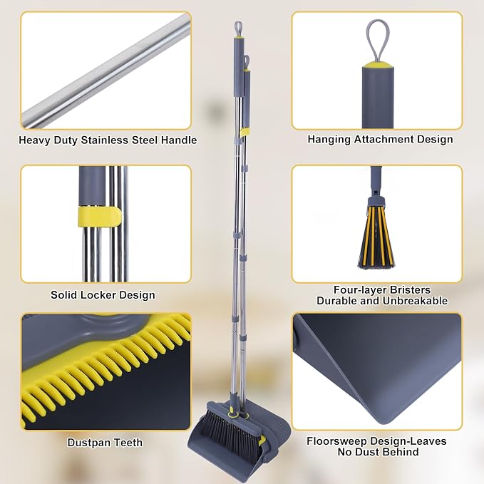 Heavy Duty Broom and Standing Dustpan Combo Set, Rotatable Head Dust Pan and Brush Set with Collapsible Handle, Cleaning Teeth, Hanging Loop, Ideal for Pets, RV, Kitchen, Camping, Outdoor Floor, Gray
