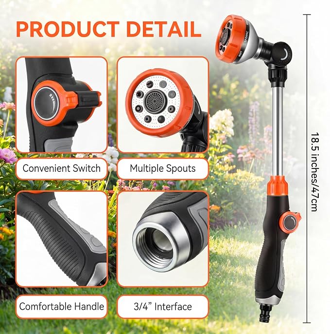 18 Inch Watering Wand for Garden Hose with 8 Spray Patterns | Thumb Flow Control, 8 Spray Patterns, Textured Handle, Hanging Baskets Lawn and Car Washing