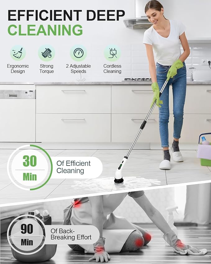 Cordless Electric Spin Scrubber, 9 Brush Heads, 2-Speed Motor | Floor cleaning, bathroom scrubber, tile floor scrubber, extension arm, IPX7 waterproof, tub, sink, grout, wet- dry vacuum