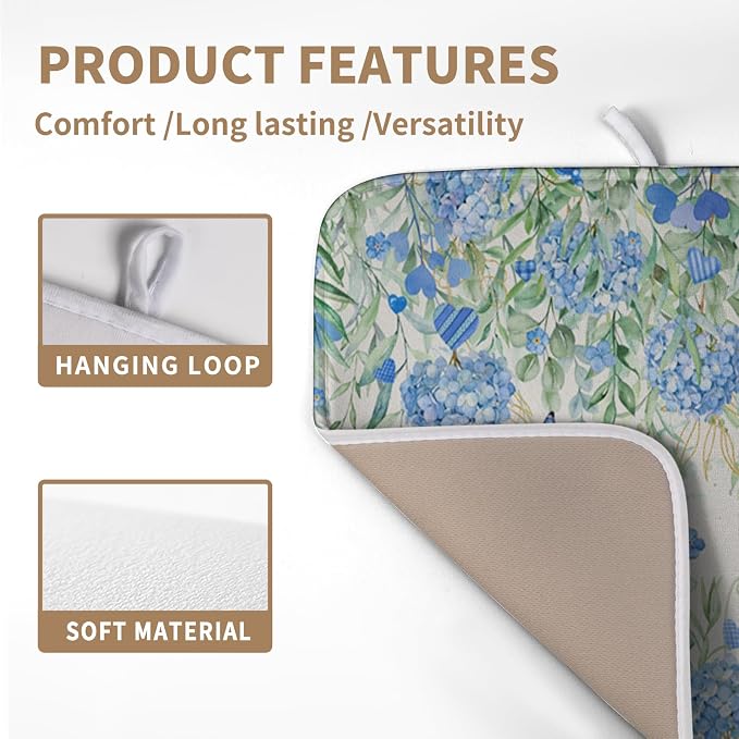 Blue Hydrangea Floral Dish Drying Mat for Kitchen Counter Spring Butterfly Flower Drainer Mat Absorbent Reversible Microfiber Heat Resistant Dry Pad Reusable Washable Dishes Pad 16x18 Inch