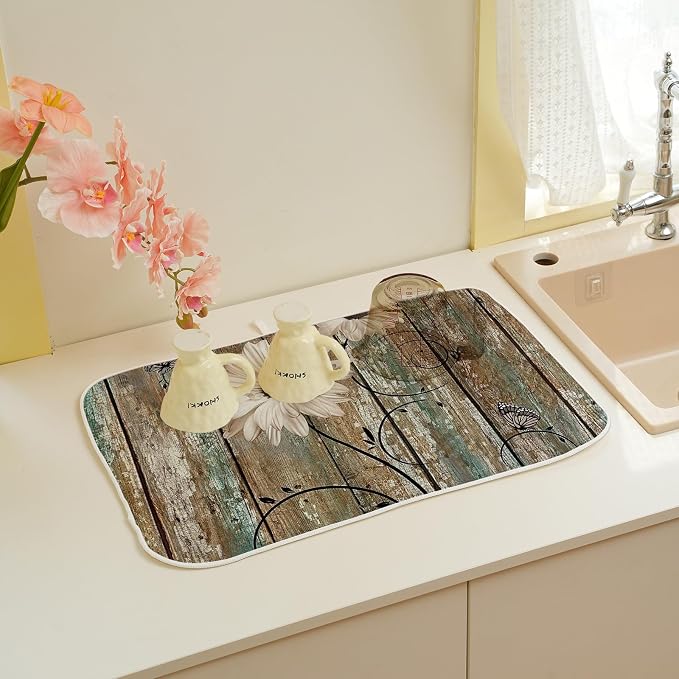 Floral Dish Drying Mat 18x24 Inches For Kitchen Counter Brown Daisy Flower Kitchen Decoration Drying Mat Decorative Floral Drying Pad for Kitchen Dining Room Decor