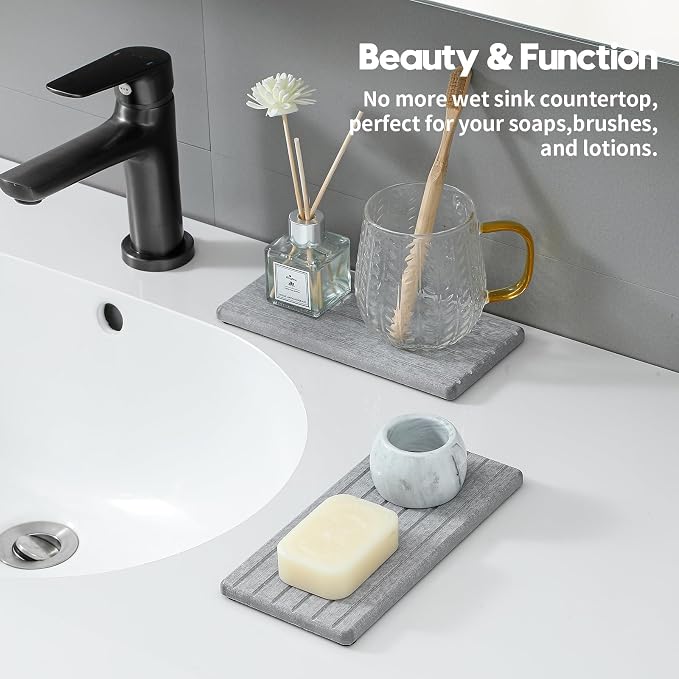 Razborci 2PCS Instant Dry Diatomite Stone Counter Makeup Tray Organizer, Fast Drying Caddy Kitchen Sponge Holder Mat, Bathroom Vanity Toothbrush Bottle Dispenser Soap Dish Rack, Light Gray, 8"x 3.8"