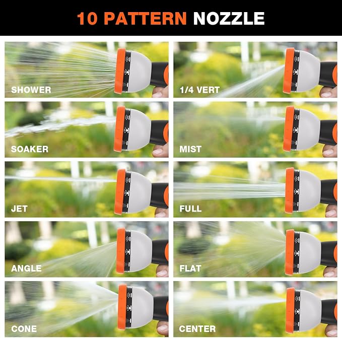 Besiter Garden Hose Nozzle, Hose Sprayer Nozzle with 10 Spray Patterns, Thumb Control On Off Valve,2 Pack Heavy Duty Metal Water Hose Nozzle for Car Wash, Plants, Pets & Outdoor Cleaning Green Orange