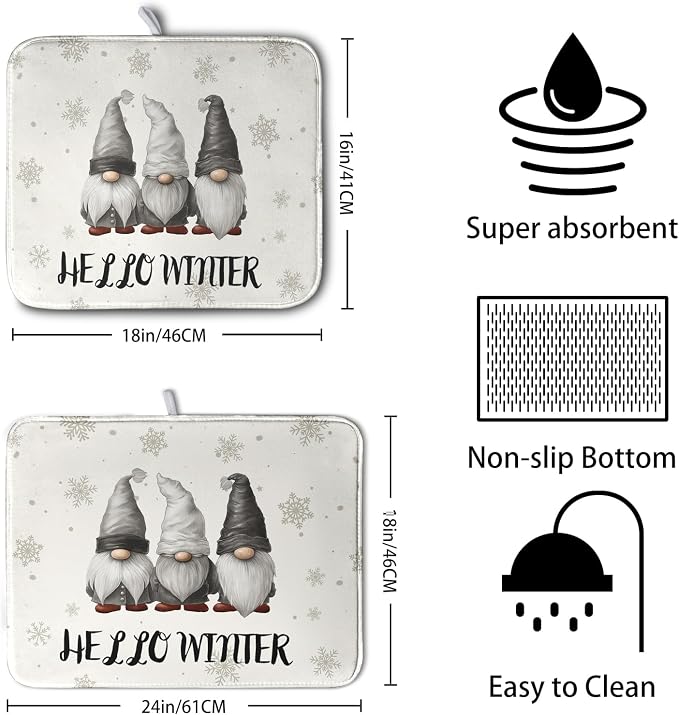 Winter Gnome Dish Drying Mat for Kitchen Counter 16x18 Christmas Snowflakes Santa Kitchen Drying Mat Hello Winter Dish Drainer Mat Super Absorbent Dish Rack Mat for Coffee Bar Countertop