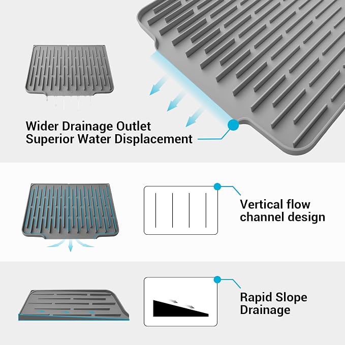 Foldable Silicone Dish Drying Mat for Kitchen Counter & Sink - Quick Dry, Space Saving, Non-Slip Pad for Small Apartments & Coffee Bar Dark Grey