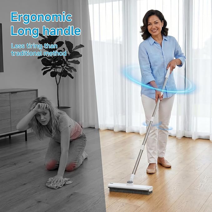Pool Scrub Brush with 52" Pole, 3 in 1 Pool Cleaning Brush with Squeegee, Floor Scrub Brush with Long Handle, Deck Brush for Swimming Pool Tile Wall Patio Concrete White