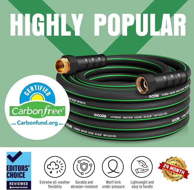 Garden Hose 25 ft x 5/8" with Nozzle, Water Hose Heavy Duty Flexible, Lightweight Kink-less Hybrid Hose with Swivel Handle, Male to Female Fittings