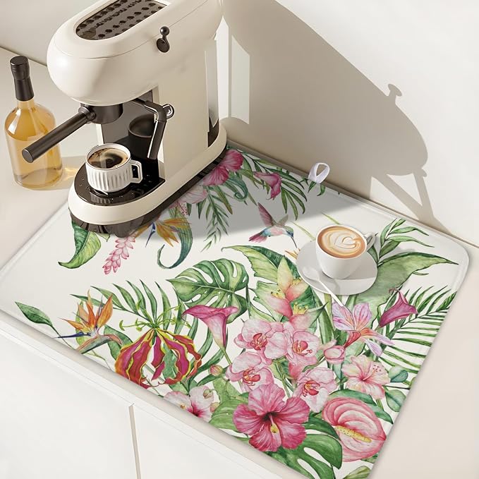 Floral Hibiscus Dish Drying Mat for Kitchen Counter 18x24 Inch | Floral，Polyester，Absorbent Microfiber，for Coffee Dining Bar Decor