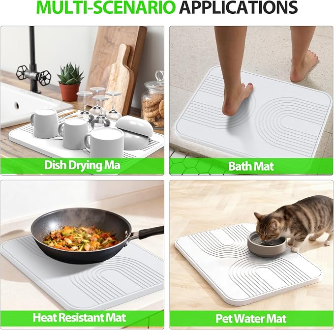 2 PCS Stone Dish Drying Mat ＆ Silicone Mat for Kitchen Counter – Diatomaceous Earth Bath Mat for Bathroom, 16.14"L×12.4"W×2 Quick Dry Mats for Dishes ,Bottles, Cups, Match Any Countertop(White)
